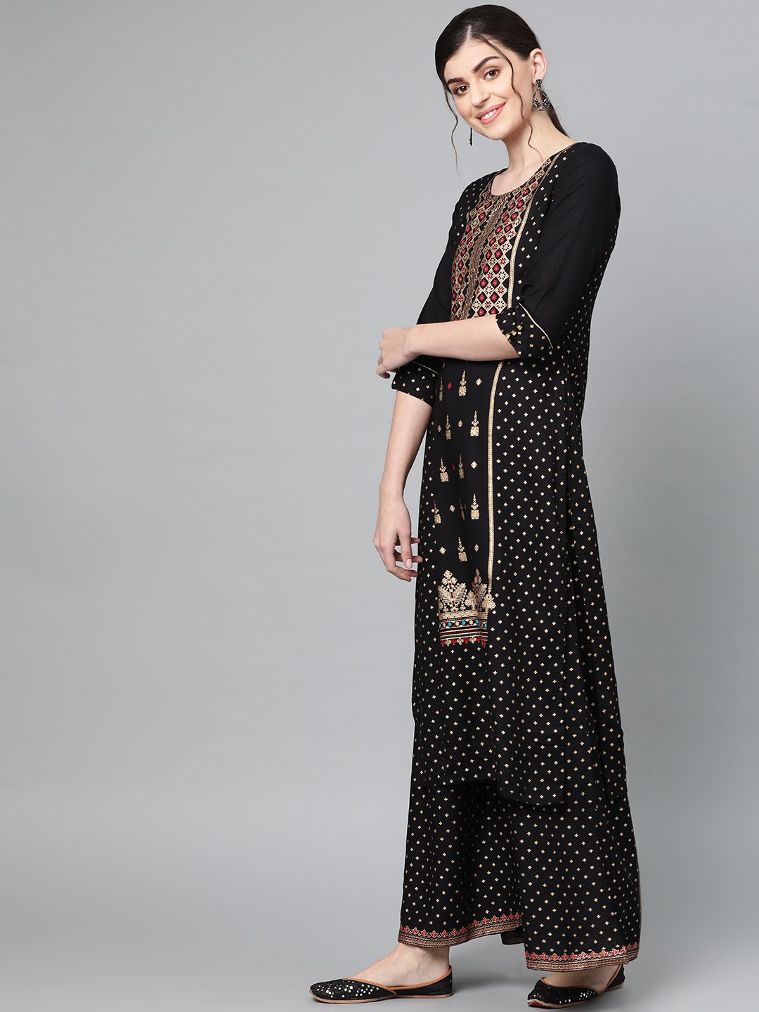 Ishin Women's Rayon Black Foil Printed A-Line Kurta Palazzo Set