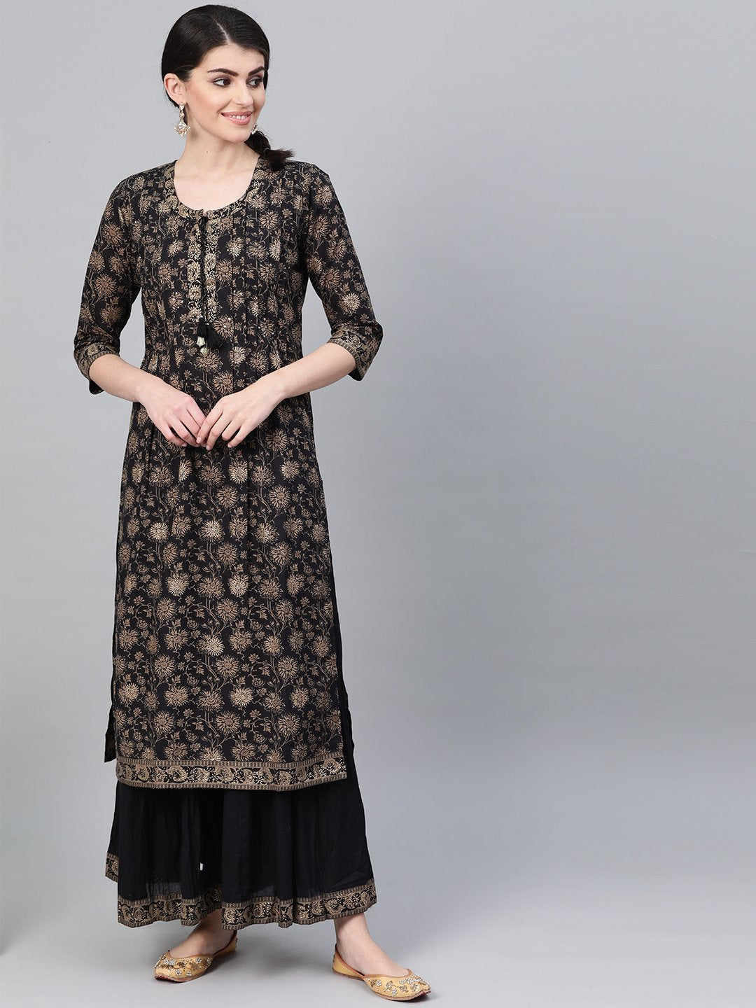 Ishin Women's Cotton Black Foil Printed A-Line Kurta Palazzo Set