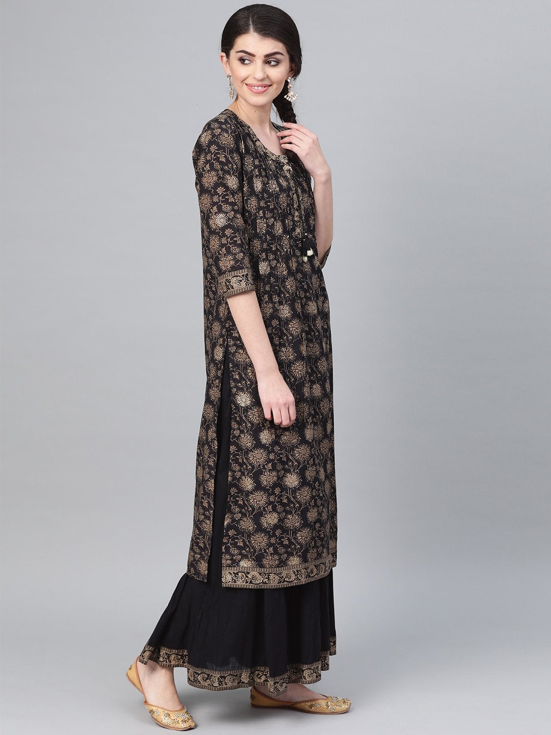 Ishin Women's Cotton Black Foil Printed A-Line Kurta Palazzo Set