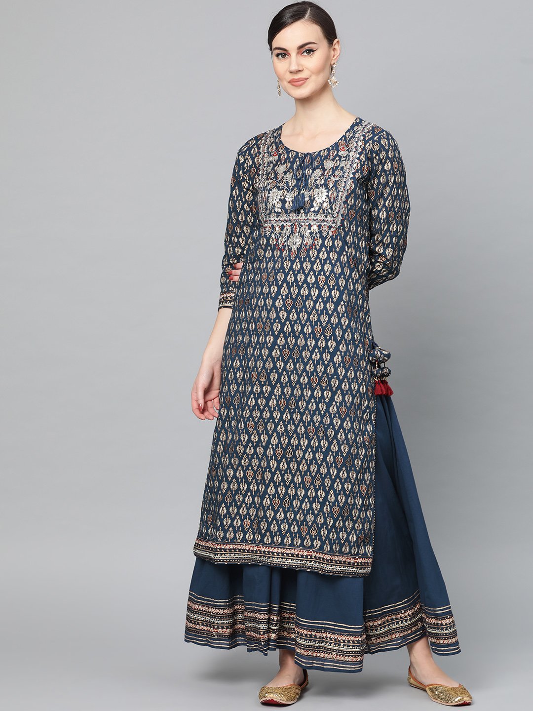 Ishin Women's Cotton Navy Blue Embroidered A-Line Kurta Palazzo Set