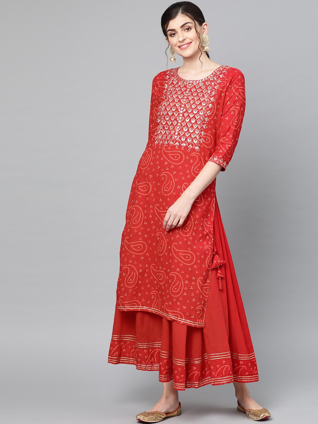 Ishin Women's Cotton Red Embroidered A-Line Kurta Sharara Set