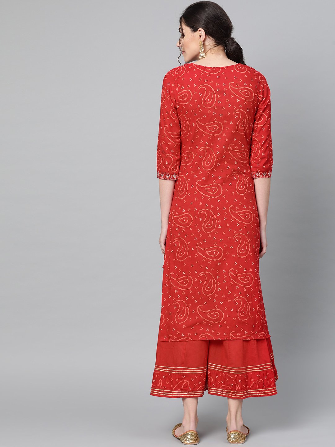 Ishin Women's Cotton Red Embroidered A-Line Kurta Sharara Set