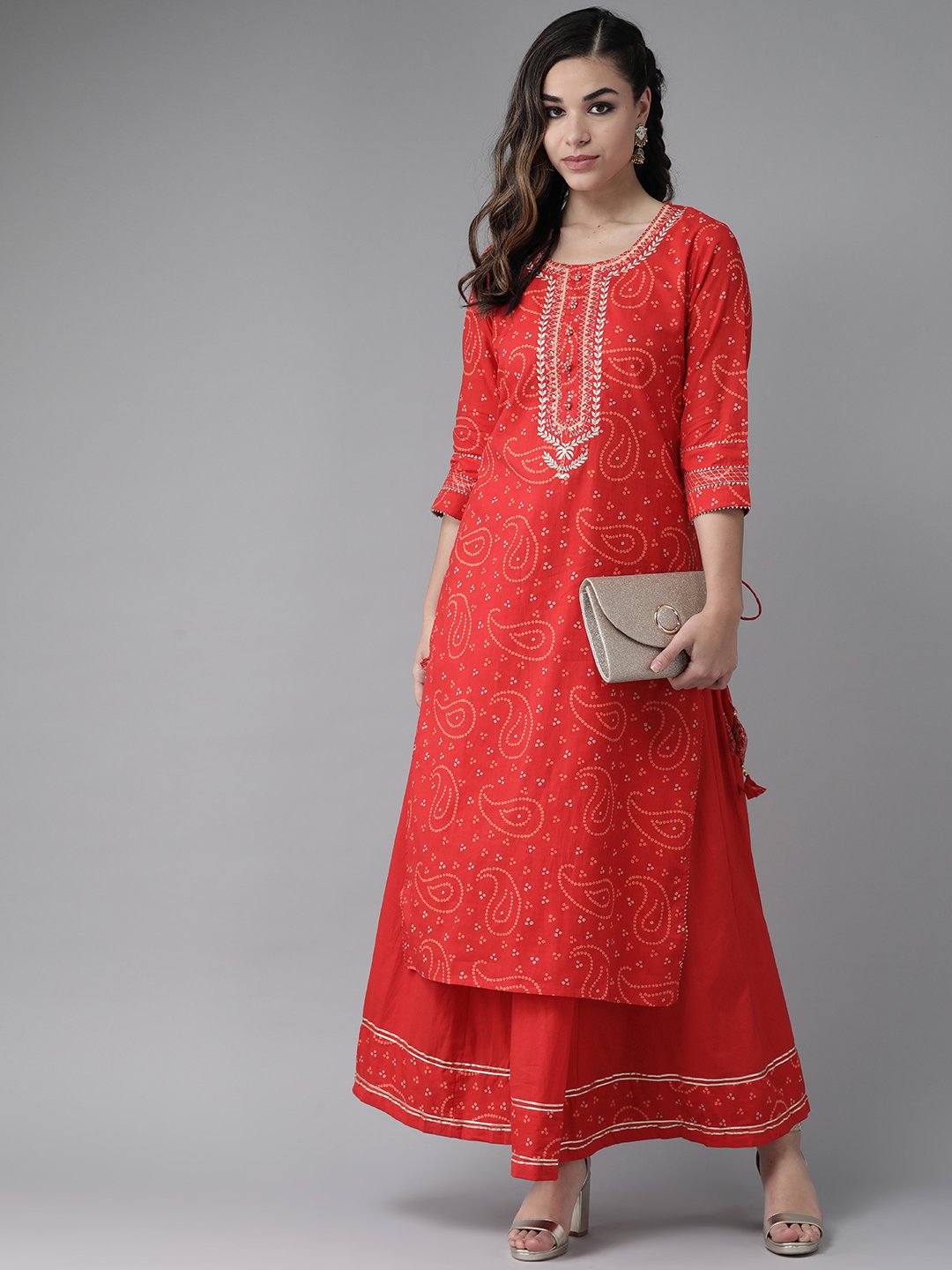 Ishin Women's Cotton Red Bandhani Print Embellished A-Line Kurta Sharara Set