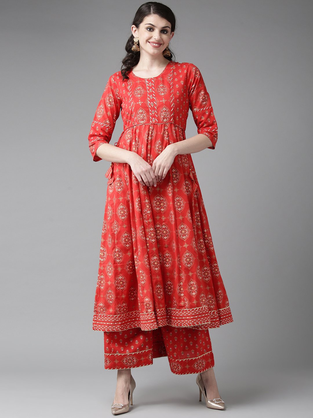 Ishin Women's Cotton Red Foil Print Gota Patti Anarkali Kurta Palazzo Set