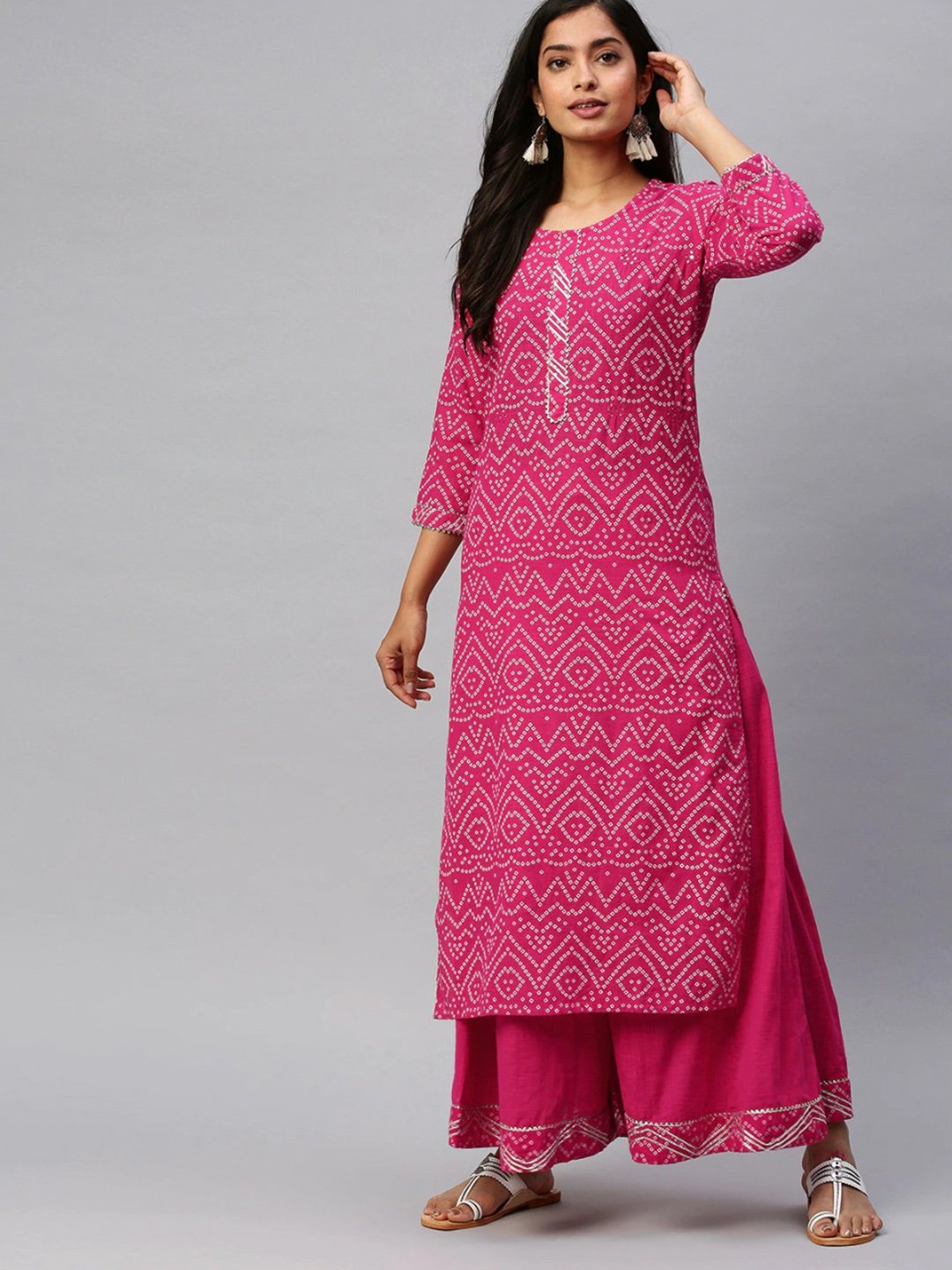 Ishin Women's Cotton Pink Bandhani Printed A-Line Kurta Palazzo Set