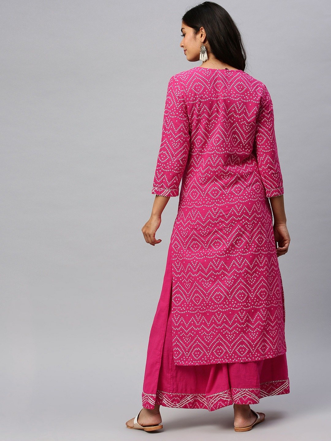 Ishin Women's Cotton Pink Bandhani Printed A-Line Kurta Palazzo Set