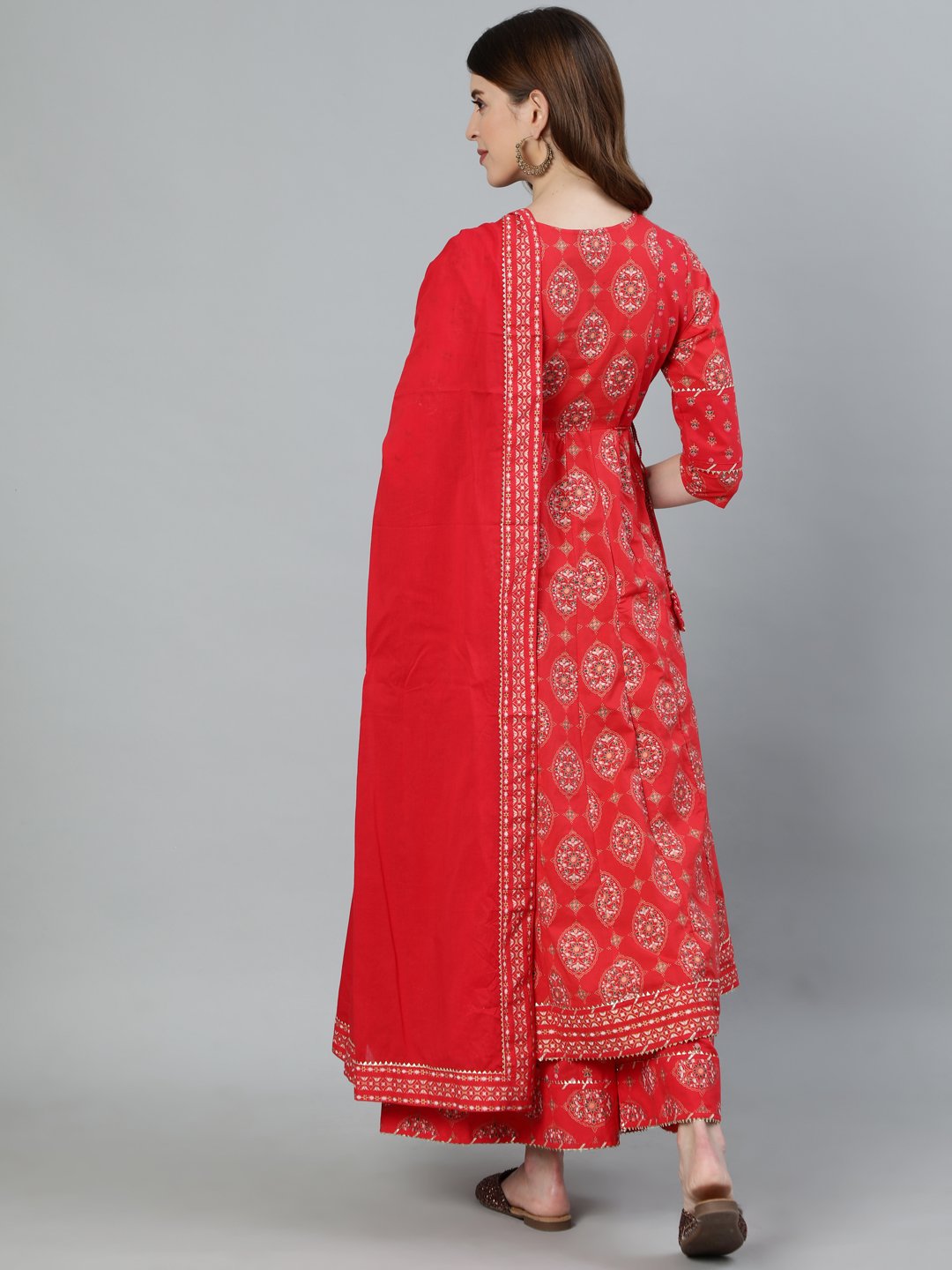 Ishin Women's Red Embroidered Gotta Patti Anarkali Kurta With Palazzo & Dupatta