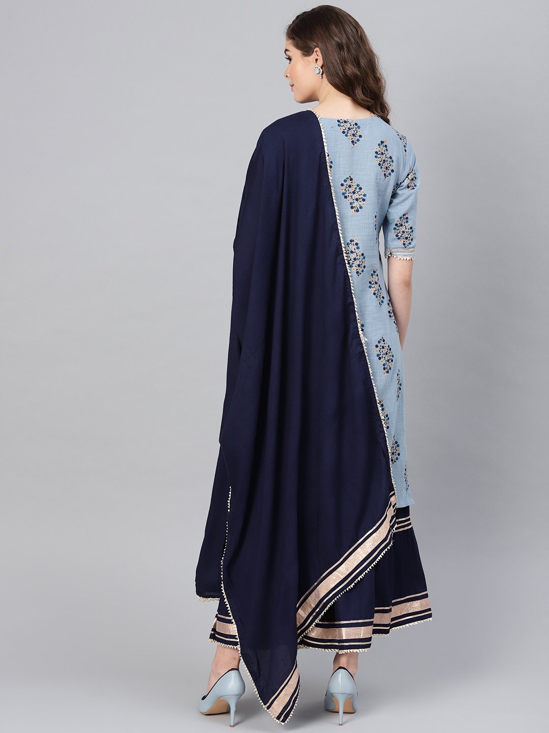 Ishin Women's Cotton Blue & Navy Blue Printed A-Line Kurta Sharara Dupatta Set