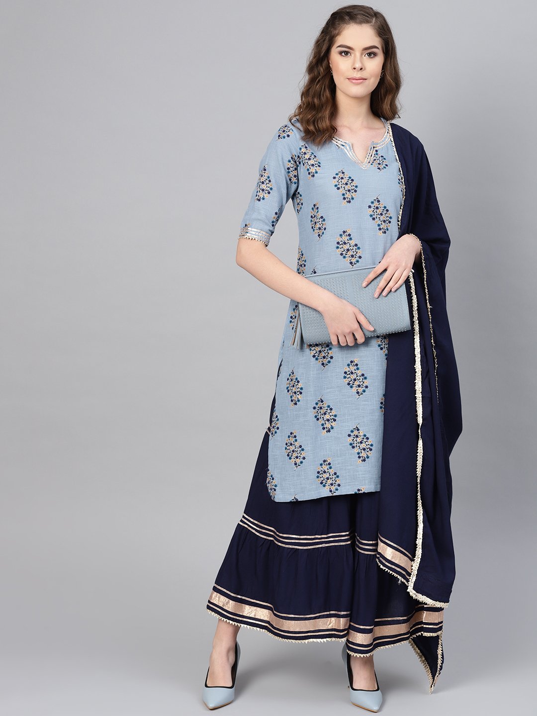 Ishin Women's Cotton Blue & Navy Blue Printed A-Line Kurta Sharara Dupatta Set