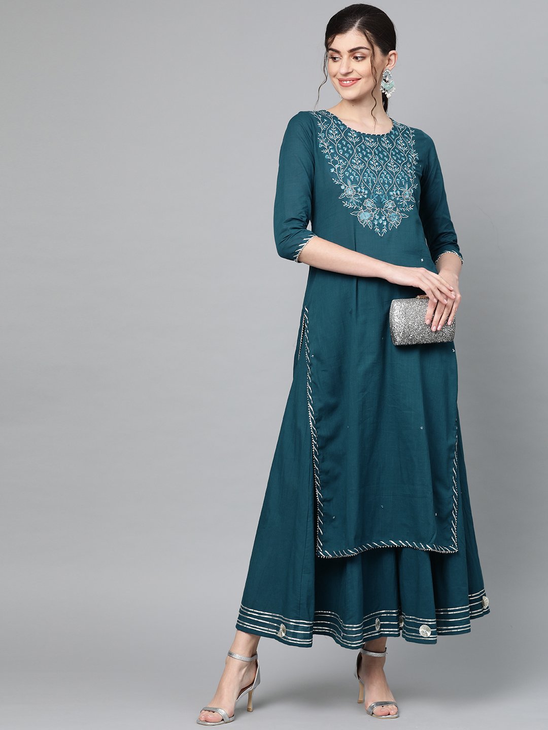 Ishin Women's Cotton Blue Embroidered A-Line Kurta Sharara Set