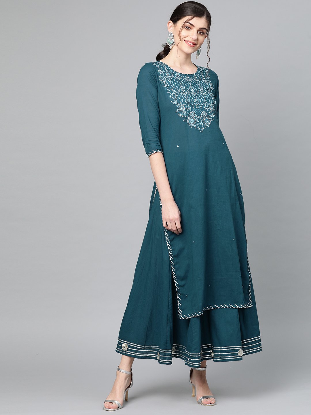 Ishin Women's Cotton Blue Embroidered A-Line Kurta Sharara Set