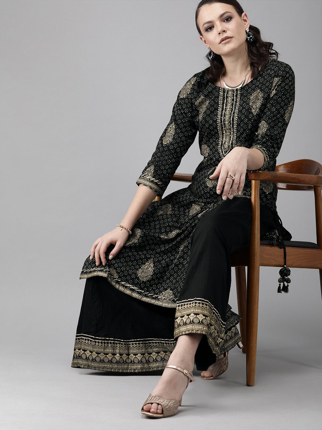 Ishin Women's Cotton Black Foil Printed A-Line Kurta Sharara Set