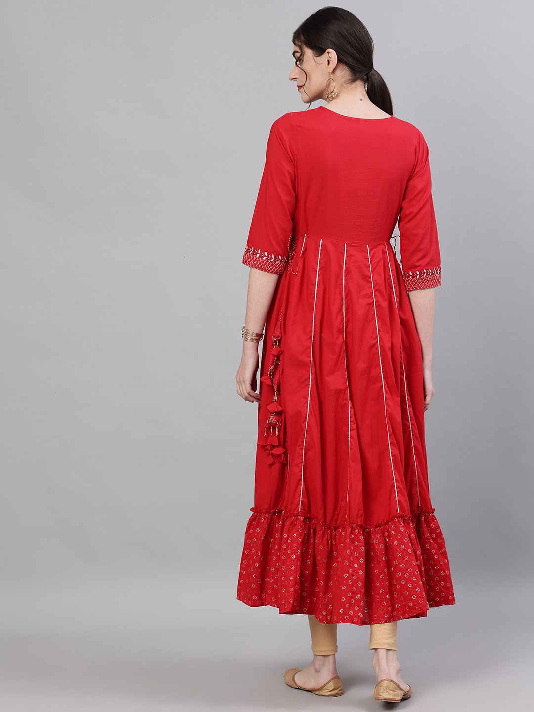 Ishin Women's Rayon Red Yoke Embellished Anarkali Kurta