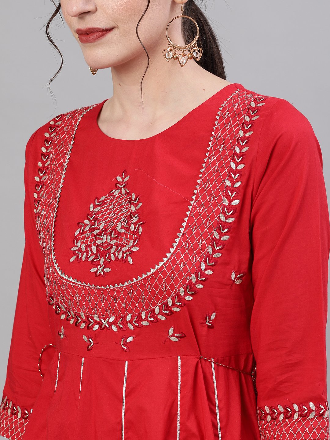 Ishin Women's Rayon Red Yoke Embellished Anarkali Kurta