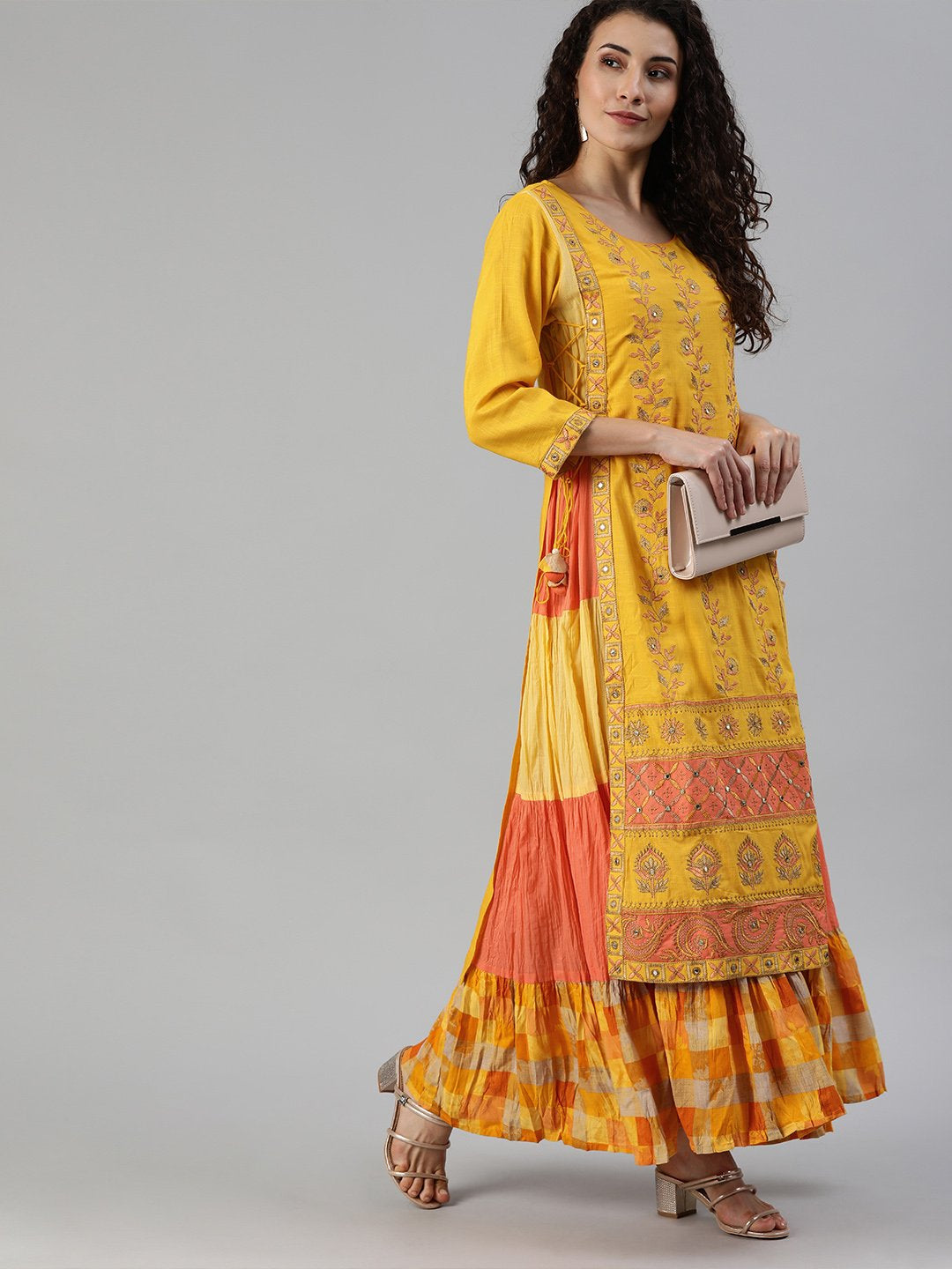 Ishin Women's Rayon Yellow Embroidered Layered Kurta