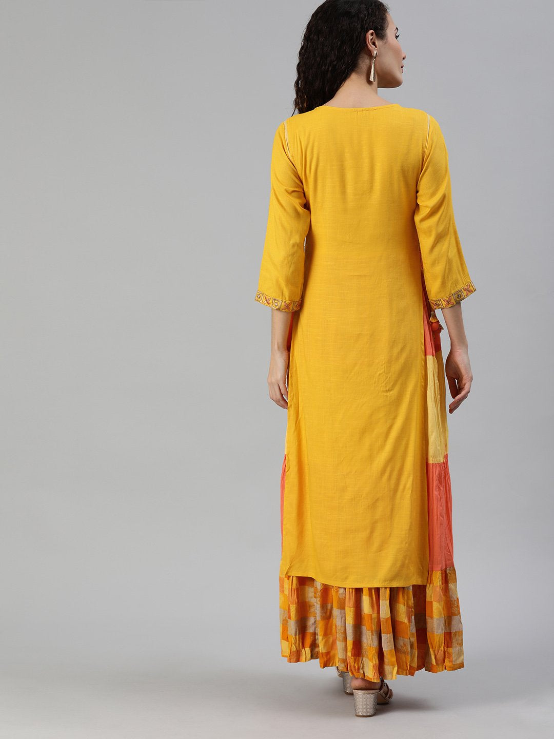 Ishin Women's Rayon Yellow Embroidered Layered Kurta