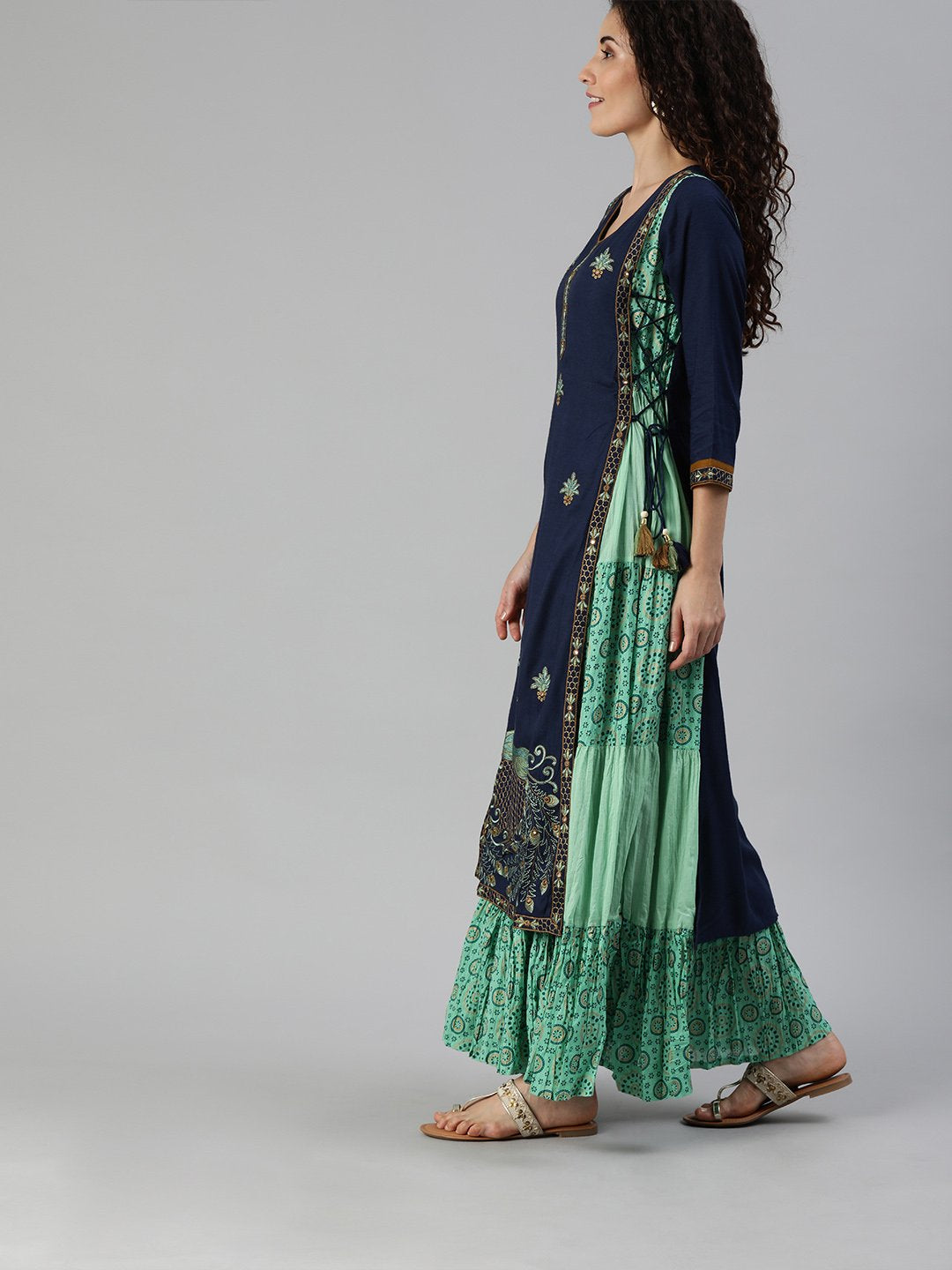 Ishin Women's Rayon Blue & Sea Green Embroidered Layered Kurta