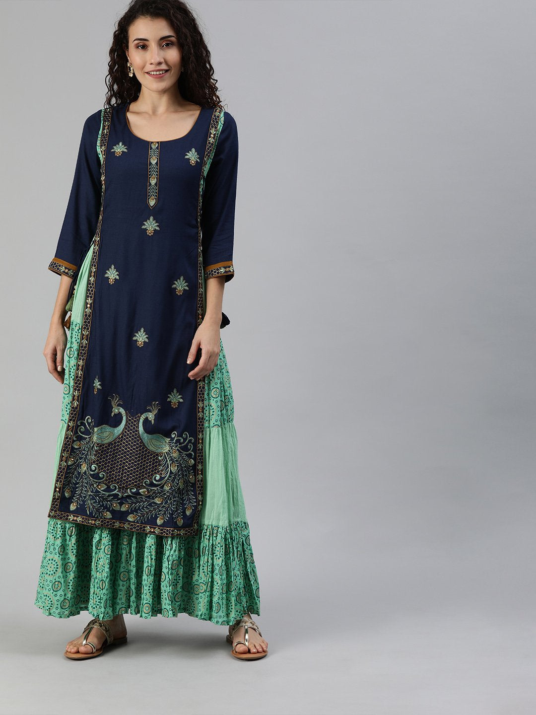 Ishin Women's Rayon Blue & Sea Green Embroidered Layered Kurta