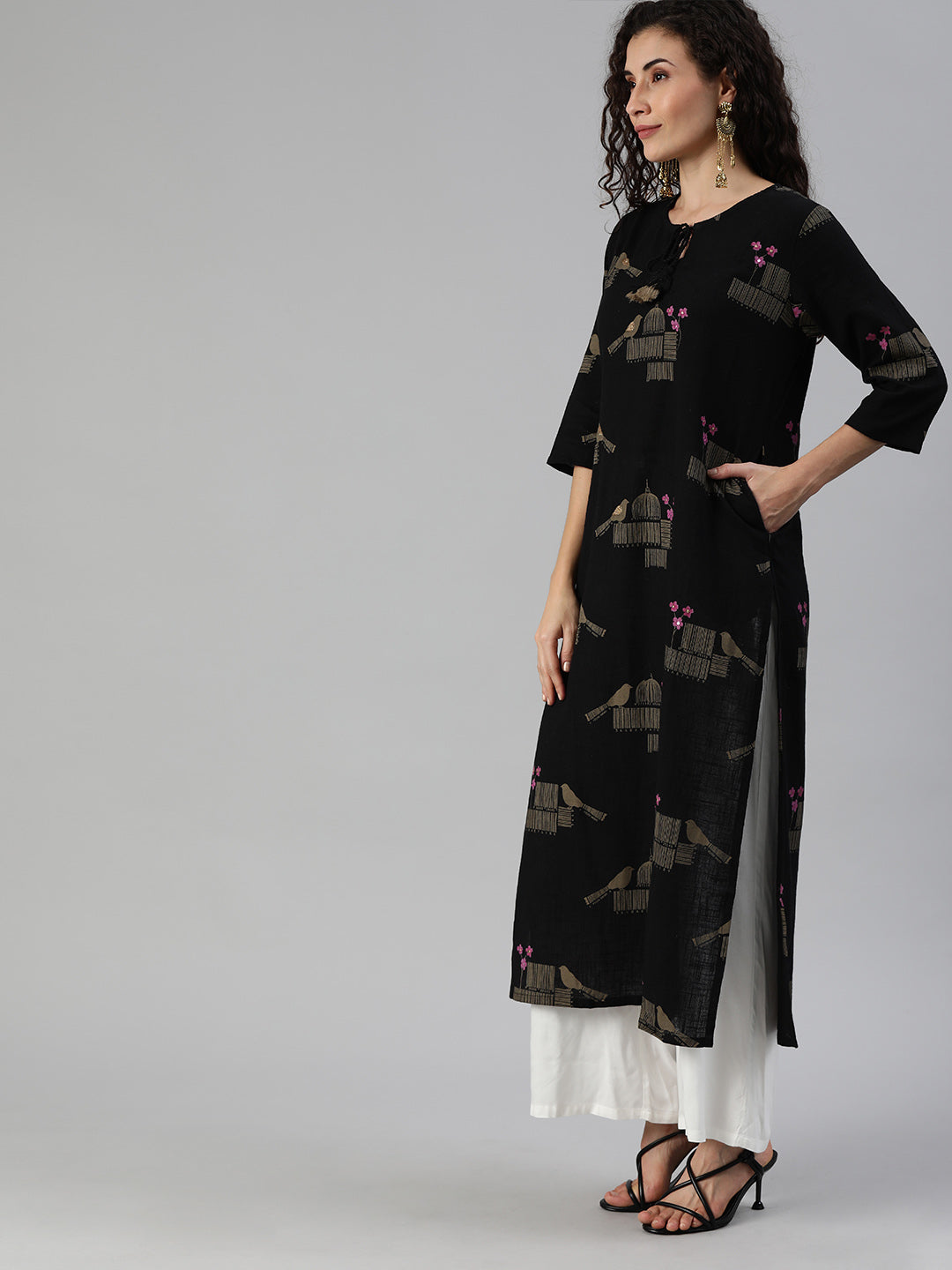 Ishin Women's Rayon Black Printed A-Line Kurta