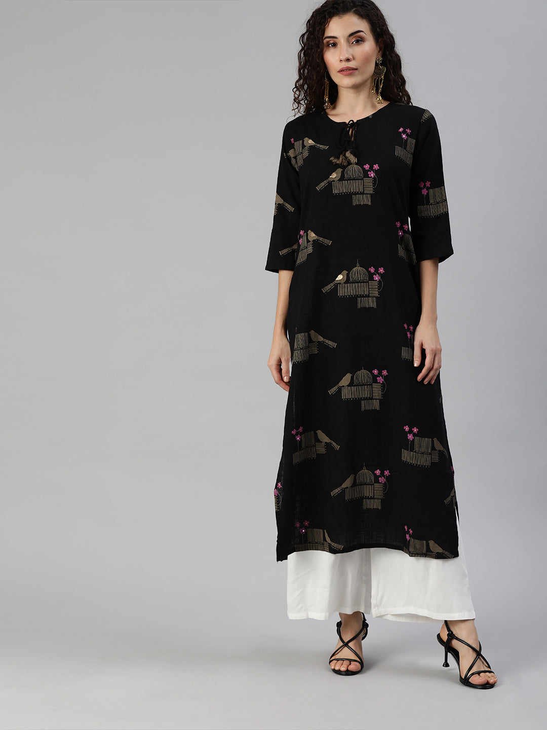 Ishin Women's Rayon Black Printed A-Line Kurta