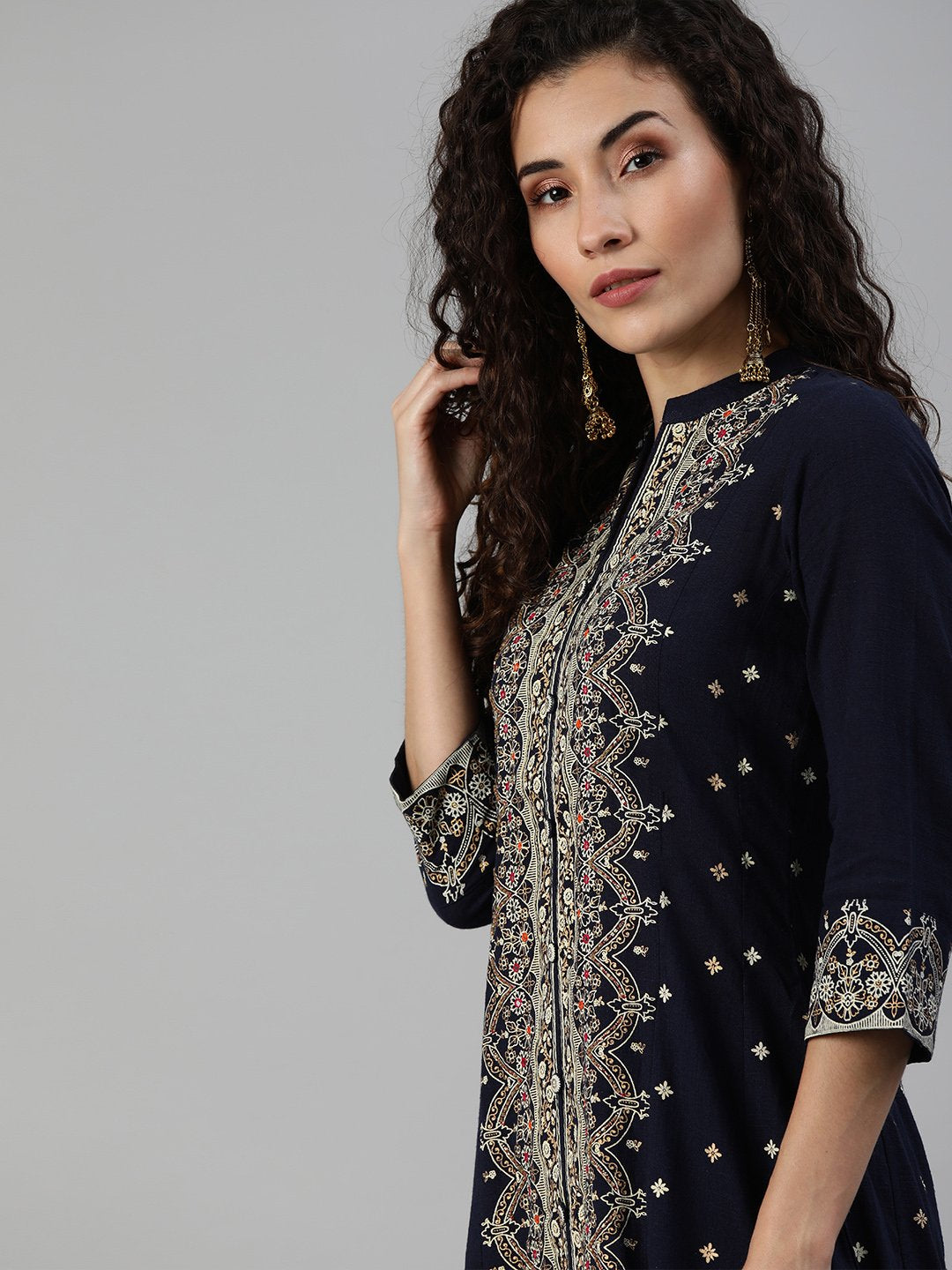 Ishin Women's Cotton Navy Blue Embellished Anarkali Kurta
