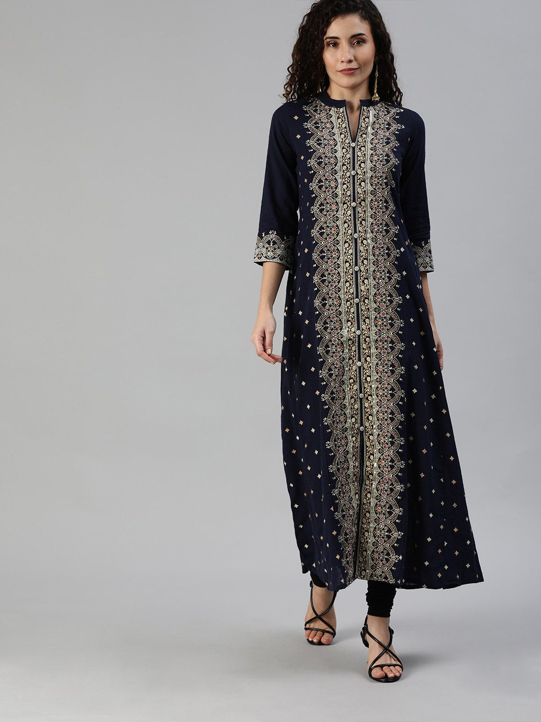 Ishin Women's Cotton Navy Blue Embellished Anarkali Kurta