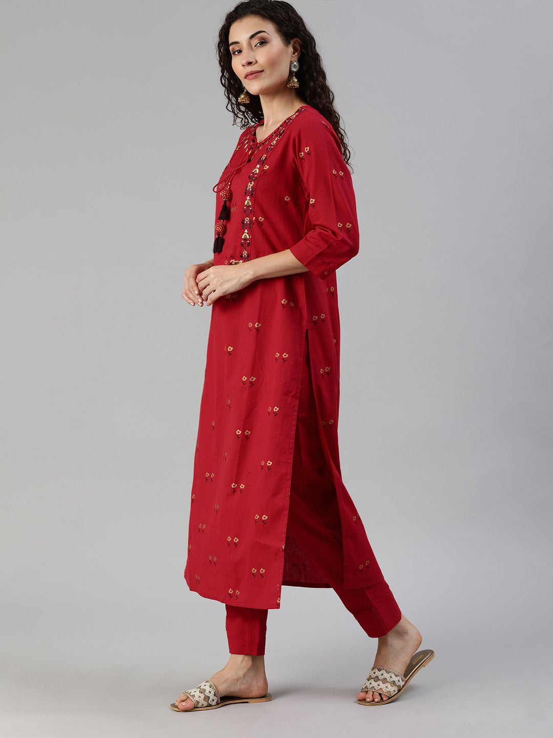 Ishin Women's Red Yoke Design A-Line Kurta