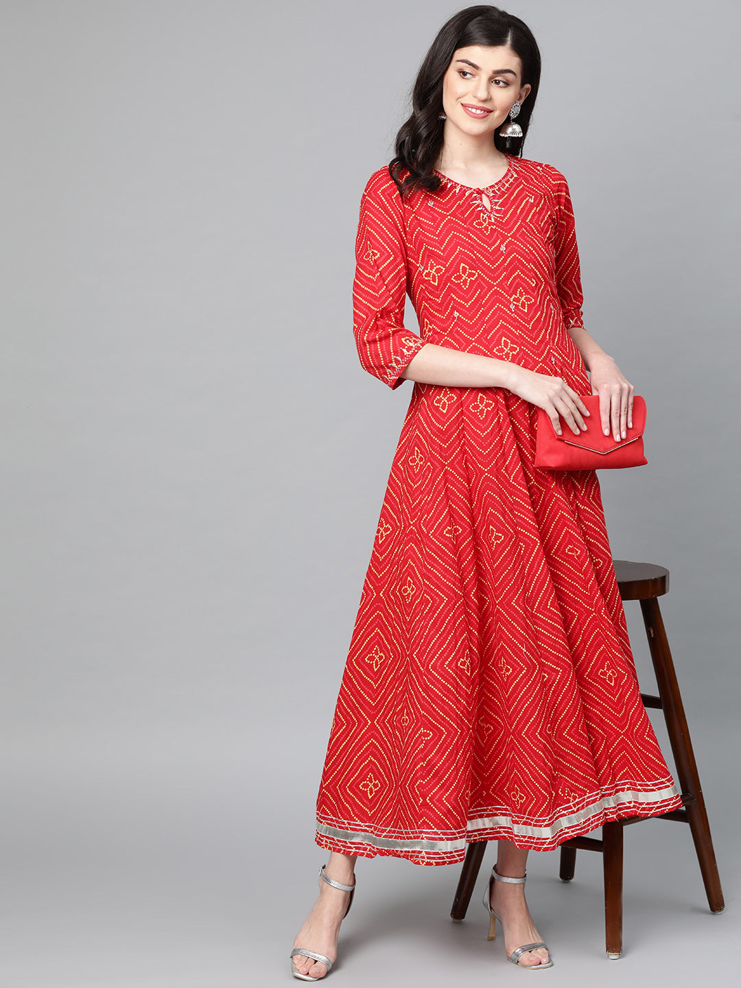 Ishin Women's Cotton Red Bandhani Embroidered Anarkali Flared Kurta