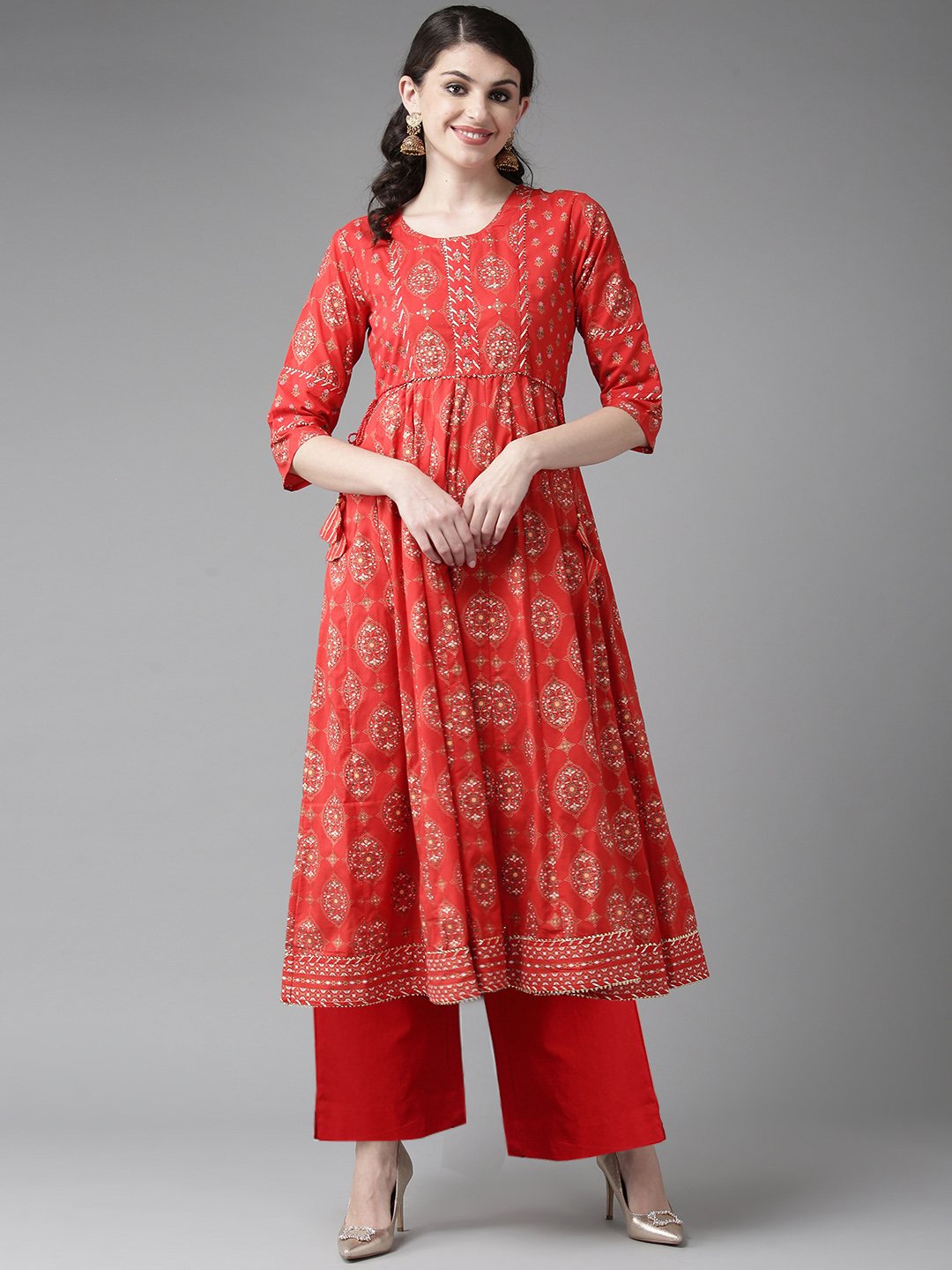 Ishin Women's Cotton Red Foil Print Gota Patti Anarkali Kurta