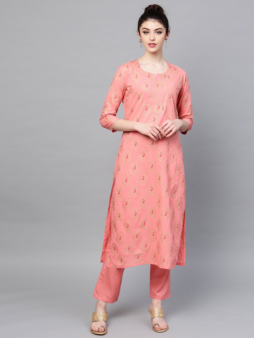 Ishin Women's Cotton Pink Foil Printed A-Line Kurta