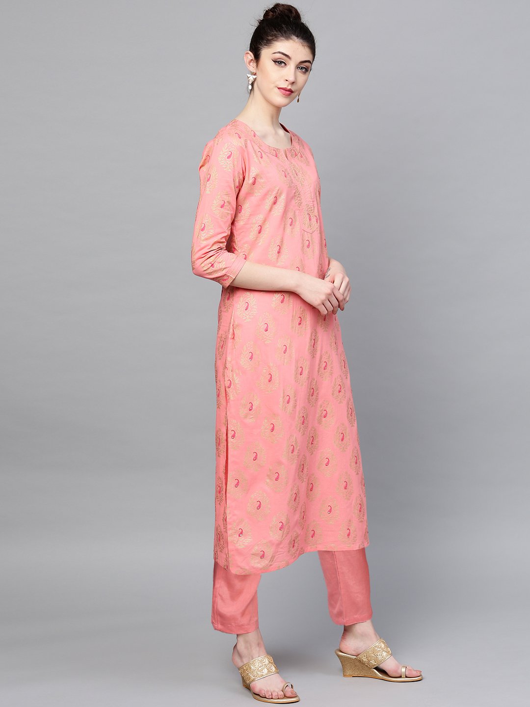 Ishin Women's Cotton Pink Foil Printed A-Line Kurta