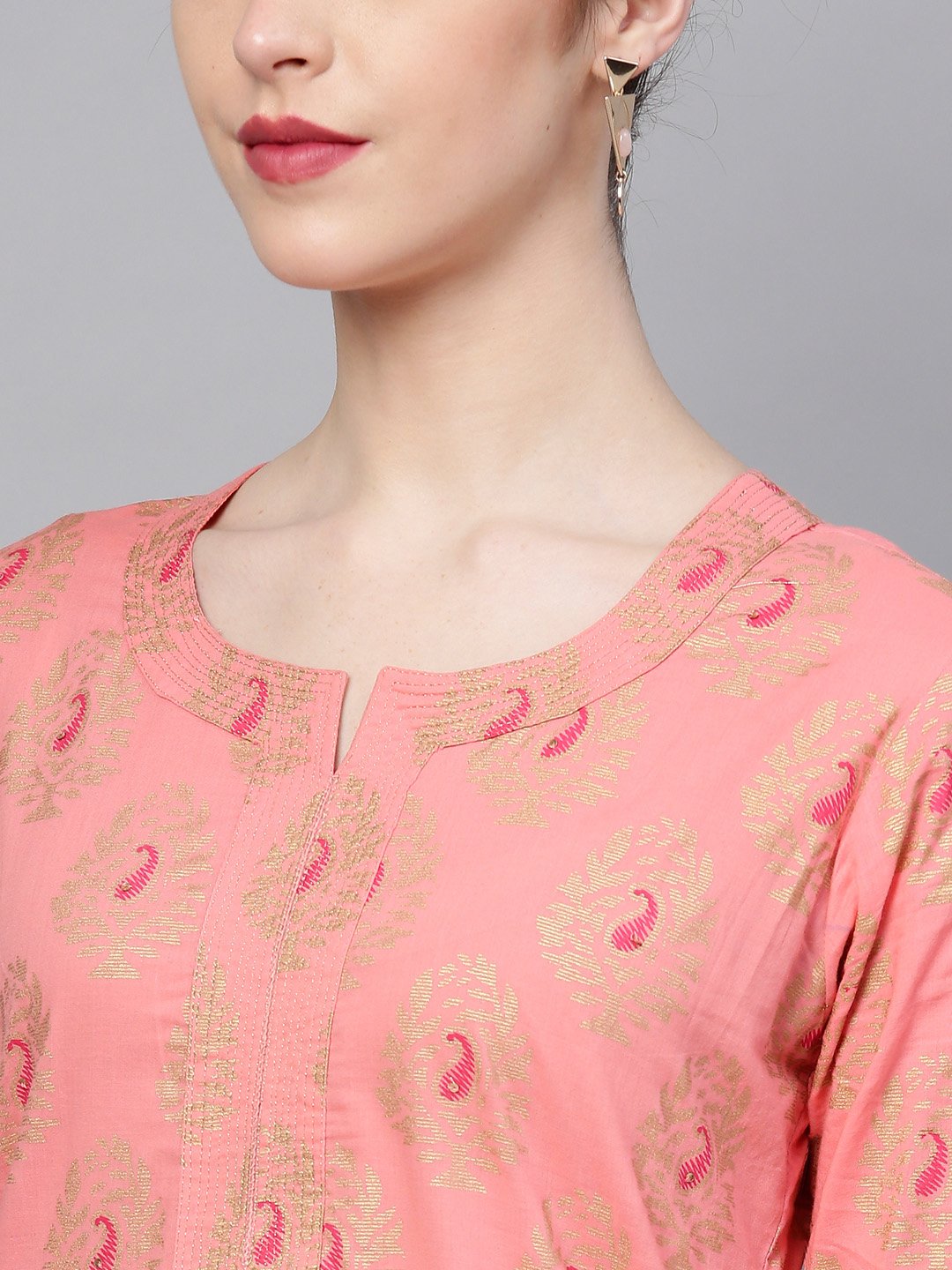 Ishin Women's Cotton Pink Foil Printed A-Line Kurta