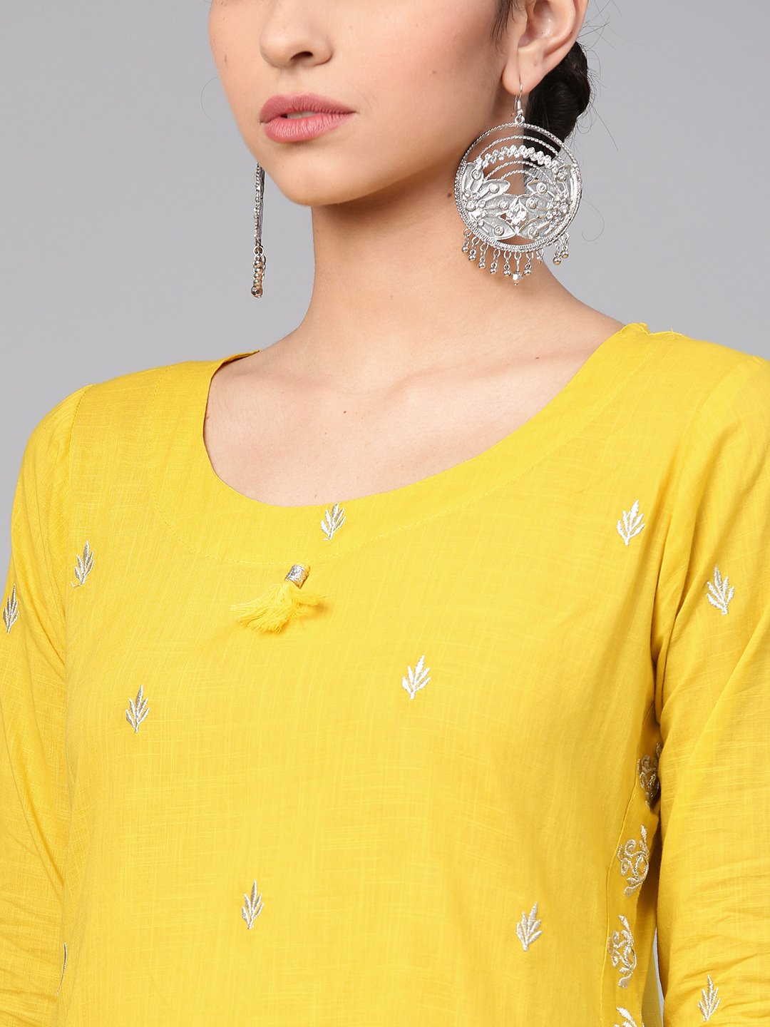 Ishin Women's Cotton Mustard Yellow Embroidered A-Line Kurta