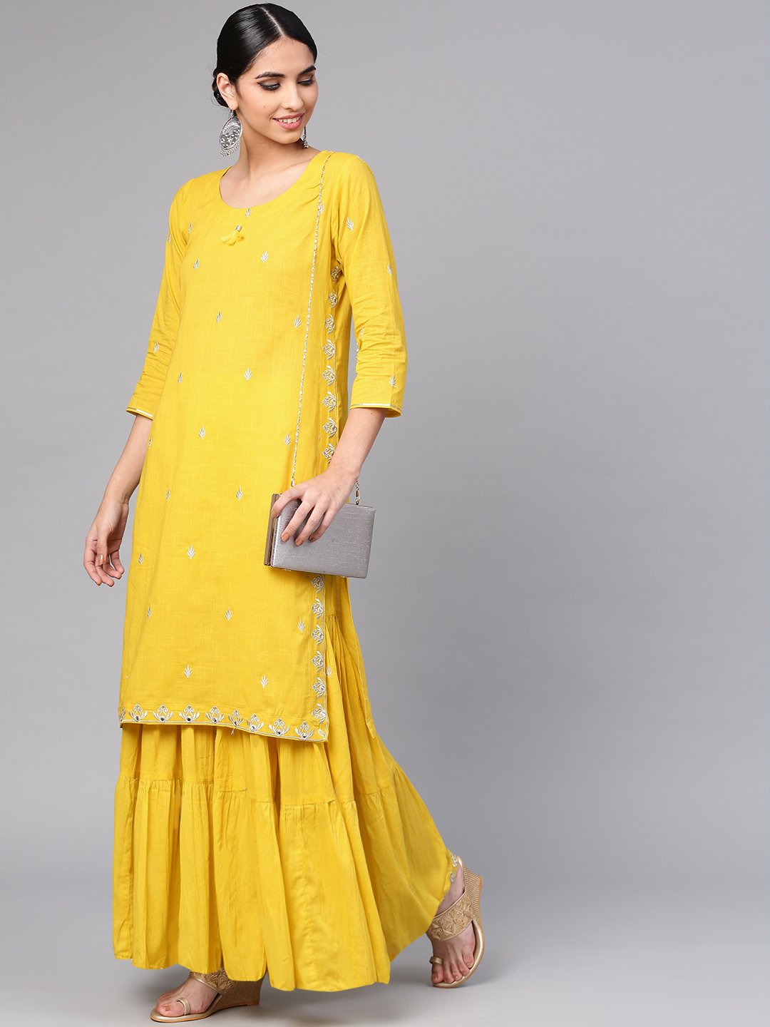 Ishin Women's Cotton Yellow Embroidered A-Line Kurta