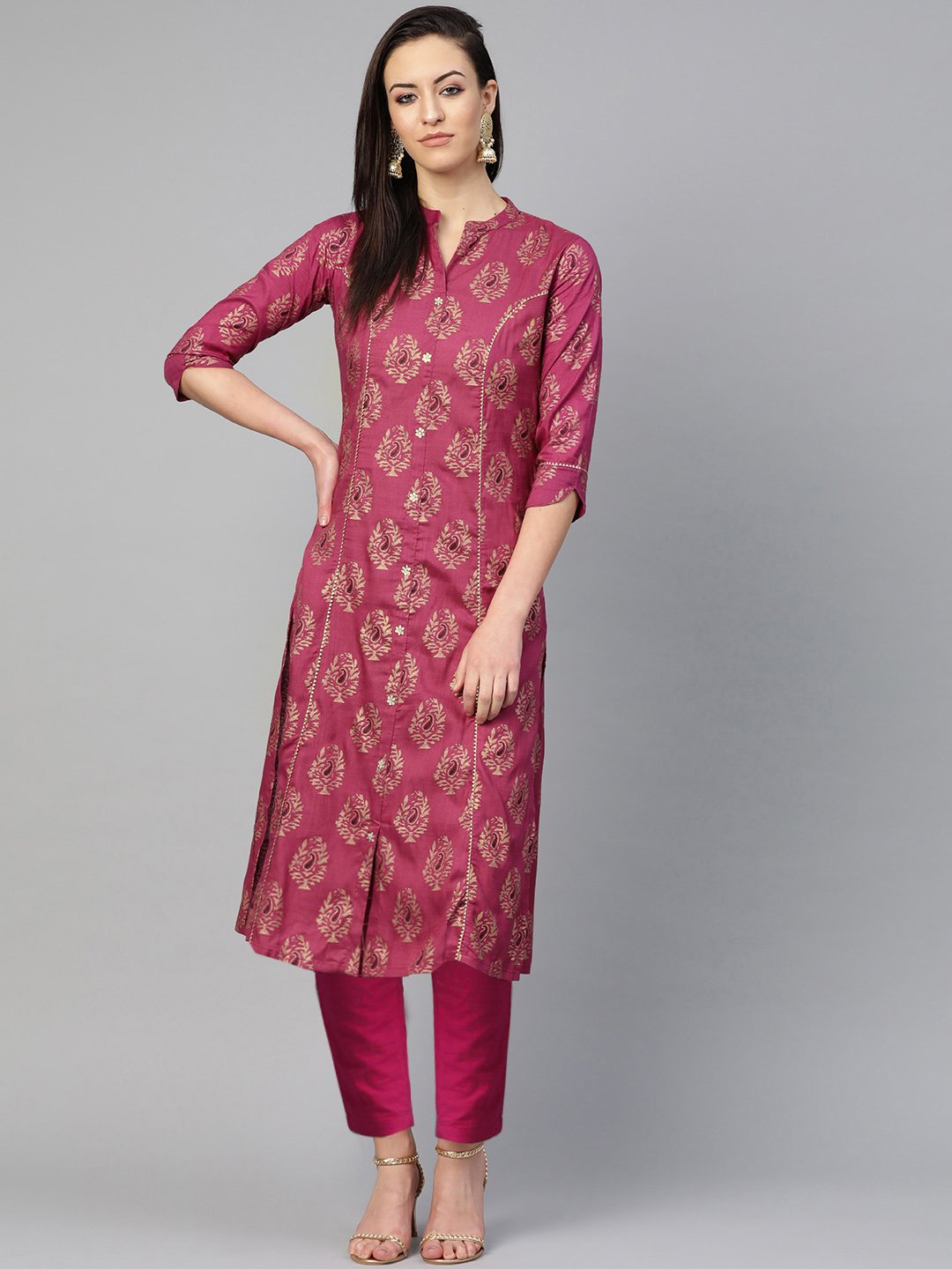 Ishin Women's Cotton Purple Foil Printed Gota Patti A-Line Kurta