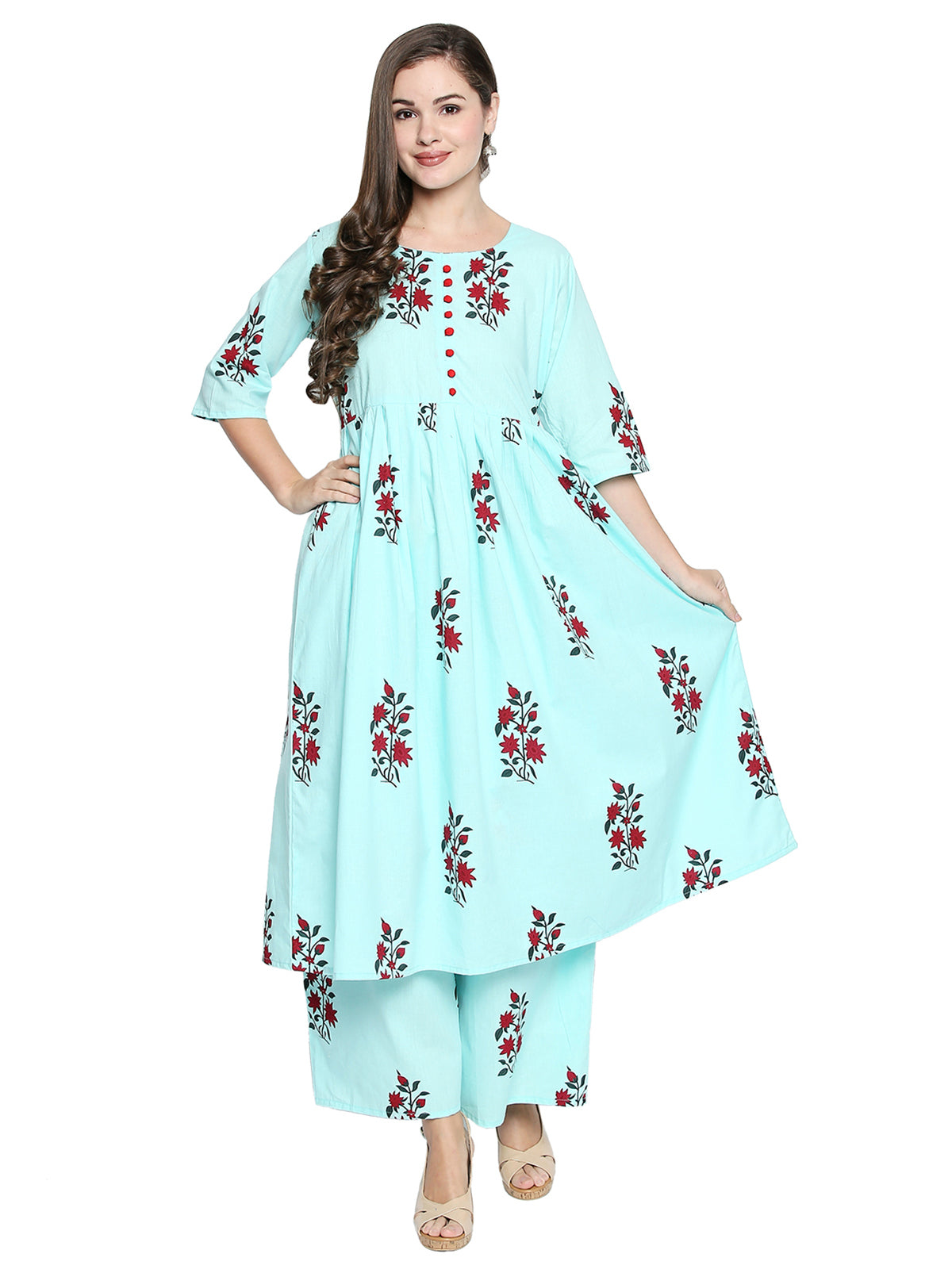 Ishin Women's Cotton Blue Printed Anarkali Kurta Palazzo Set