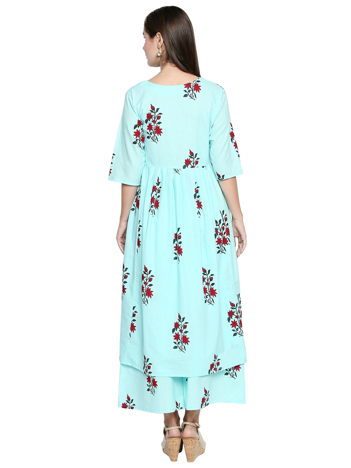 Ishin Women's Cotton Blue Printed Anarkali Kurta Palazzo Set