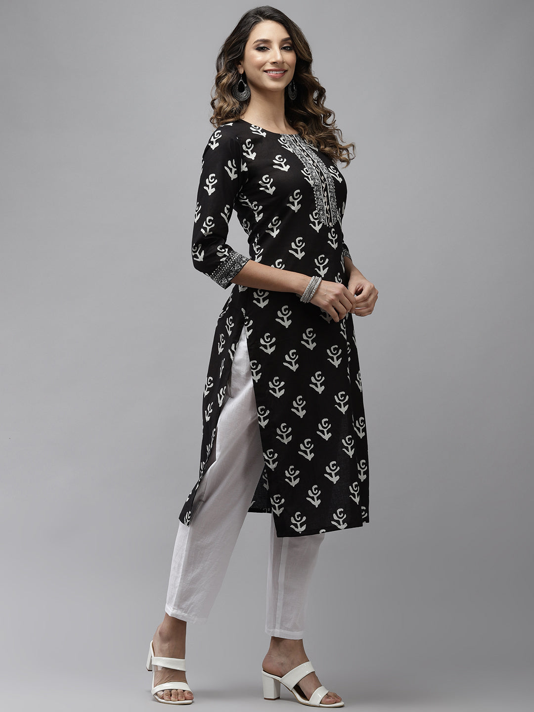 Ishin Women's Cotton Blend Black Embroidered A-Line Kurta