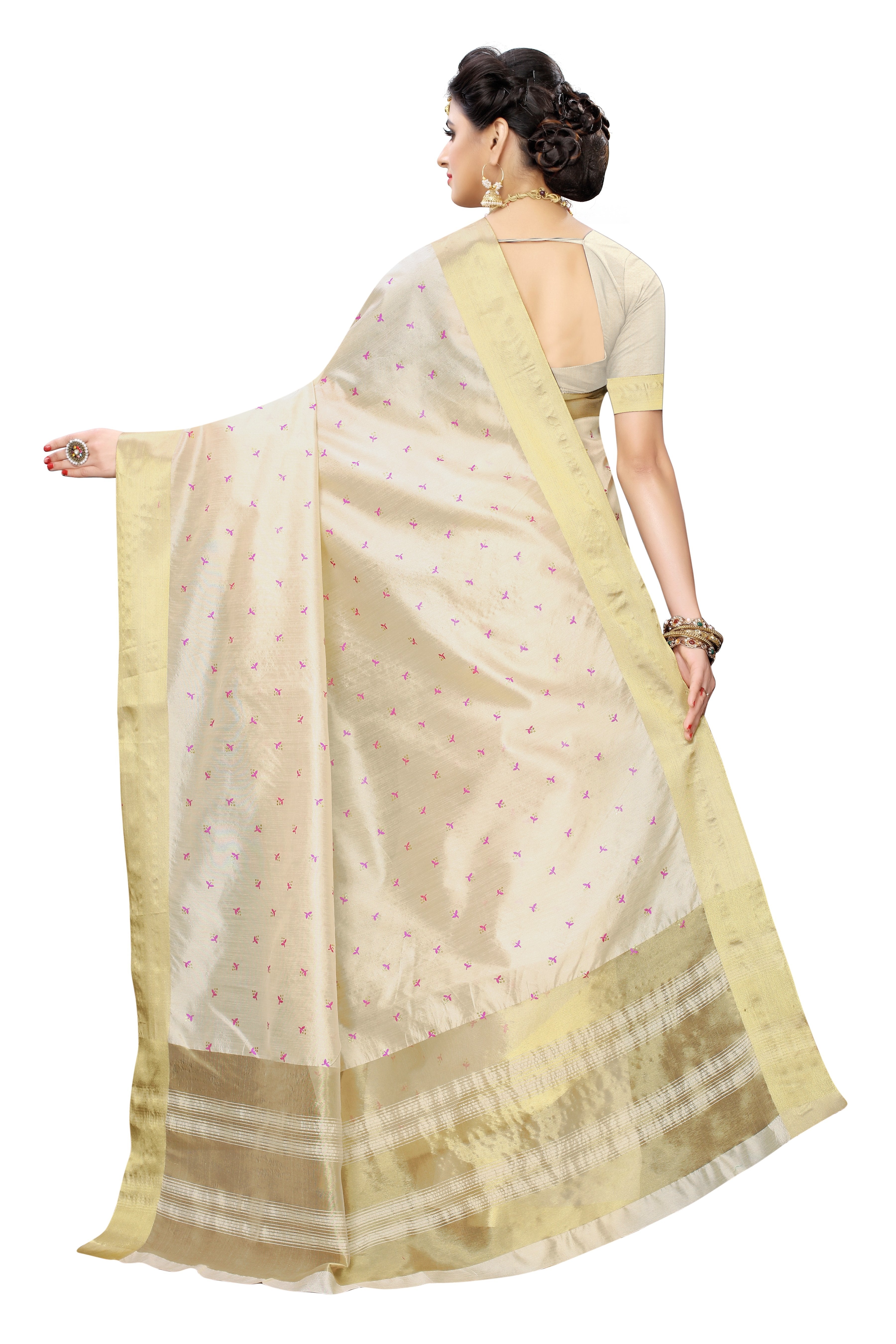 Ishin Poly Silk CreamPrinted Women's Saree With Golden Zari Border