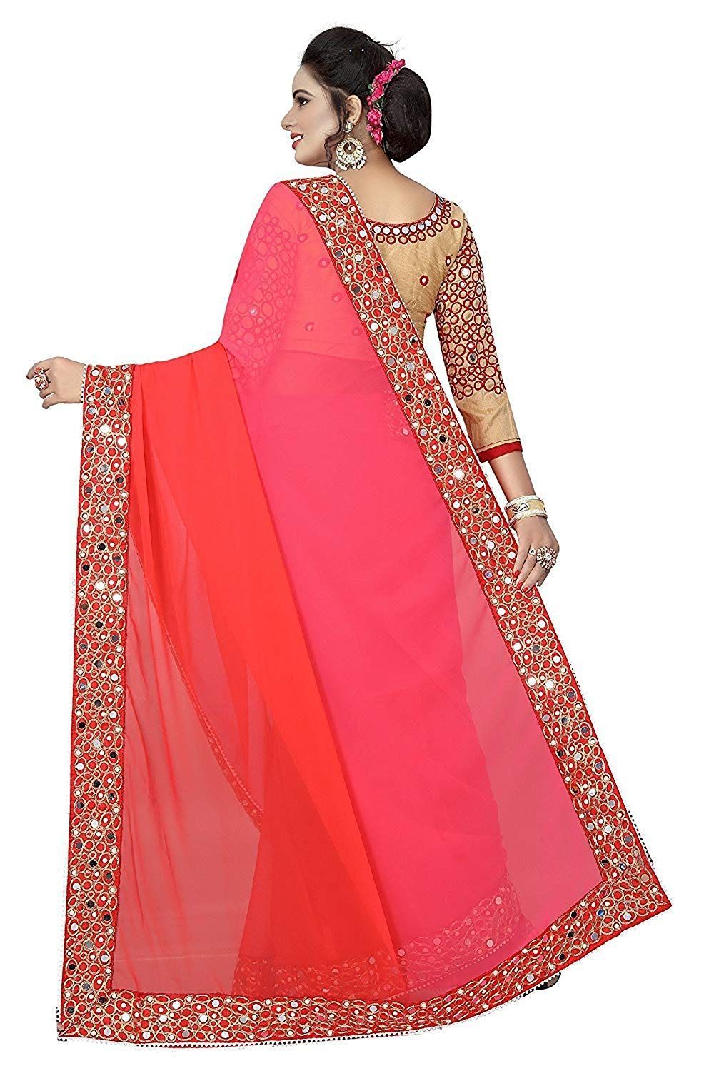 Ishin Poly Georgette Pink Beads and Stones Embellished Women's Saree