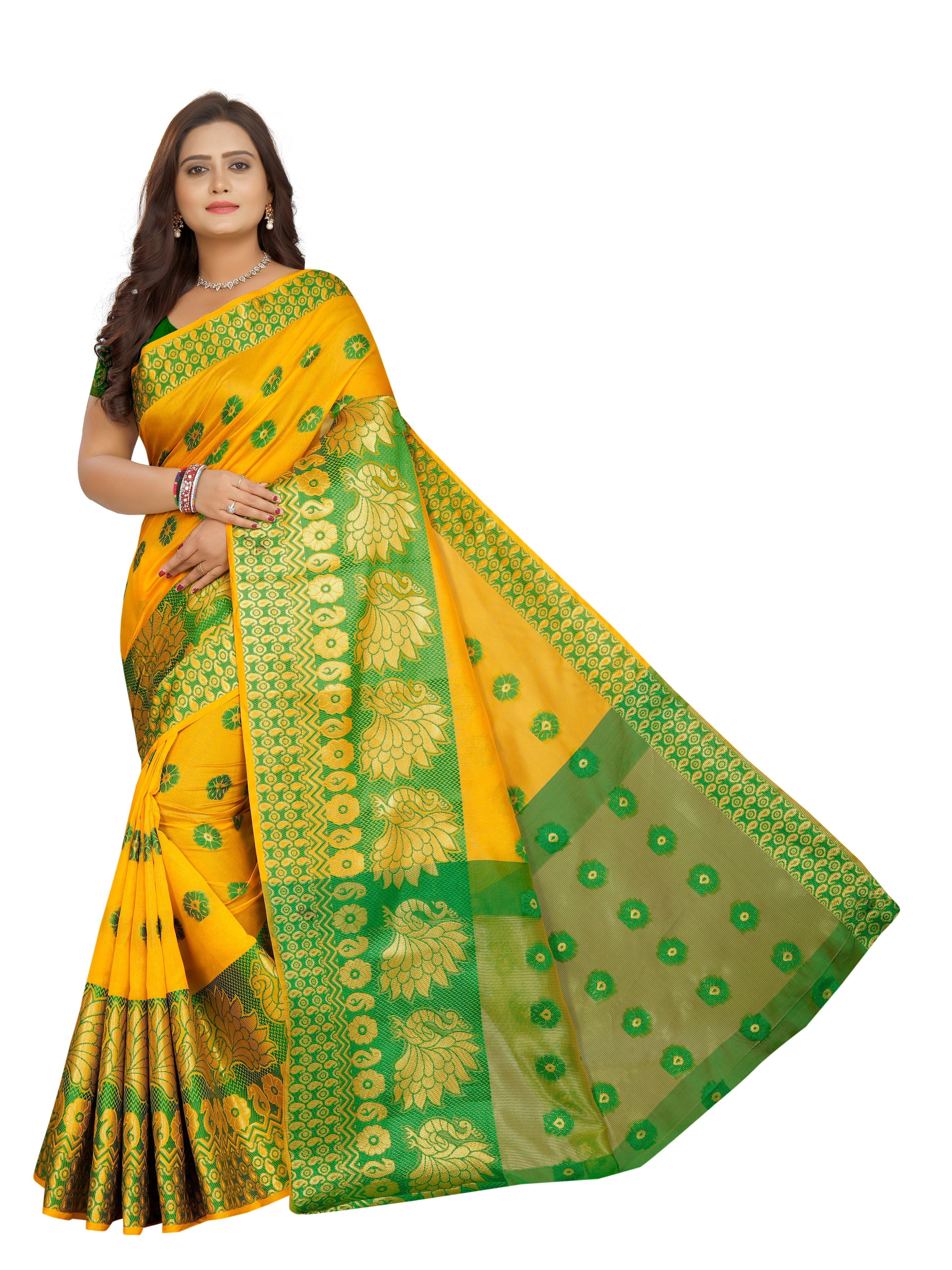 Ishin Poly Silk Mustard Yellow Woven Women's Saree With Golden Zari Border