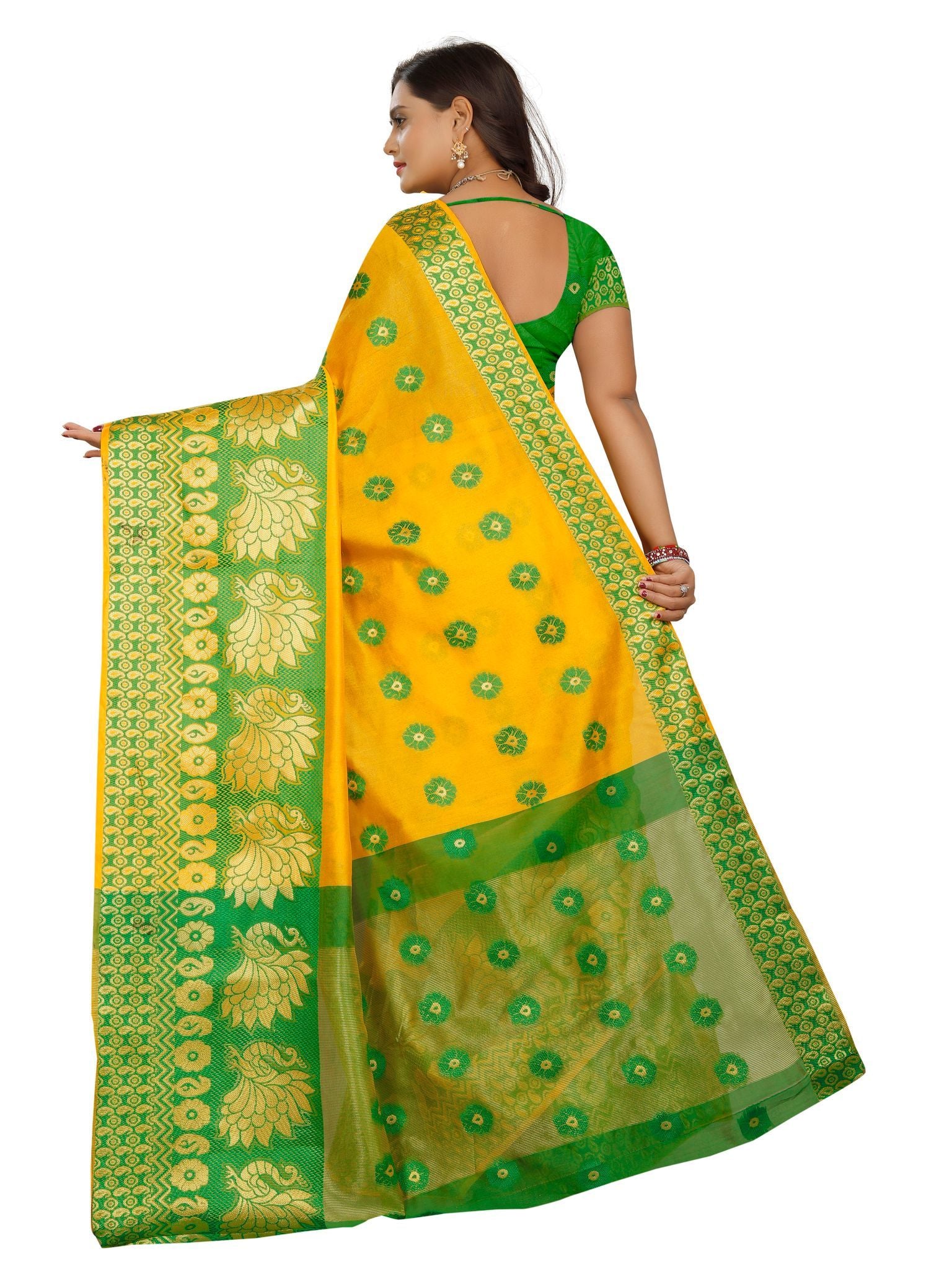 Ishin Poly Silk Mustard Yellow Woven Women's Saree With Golden Zari Border