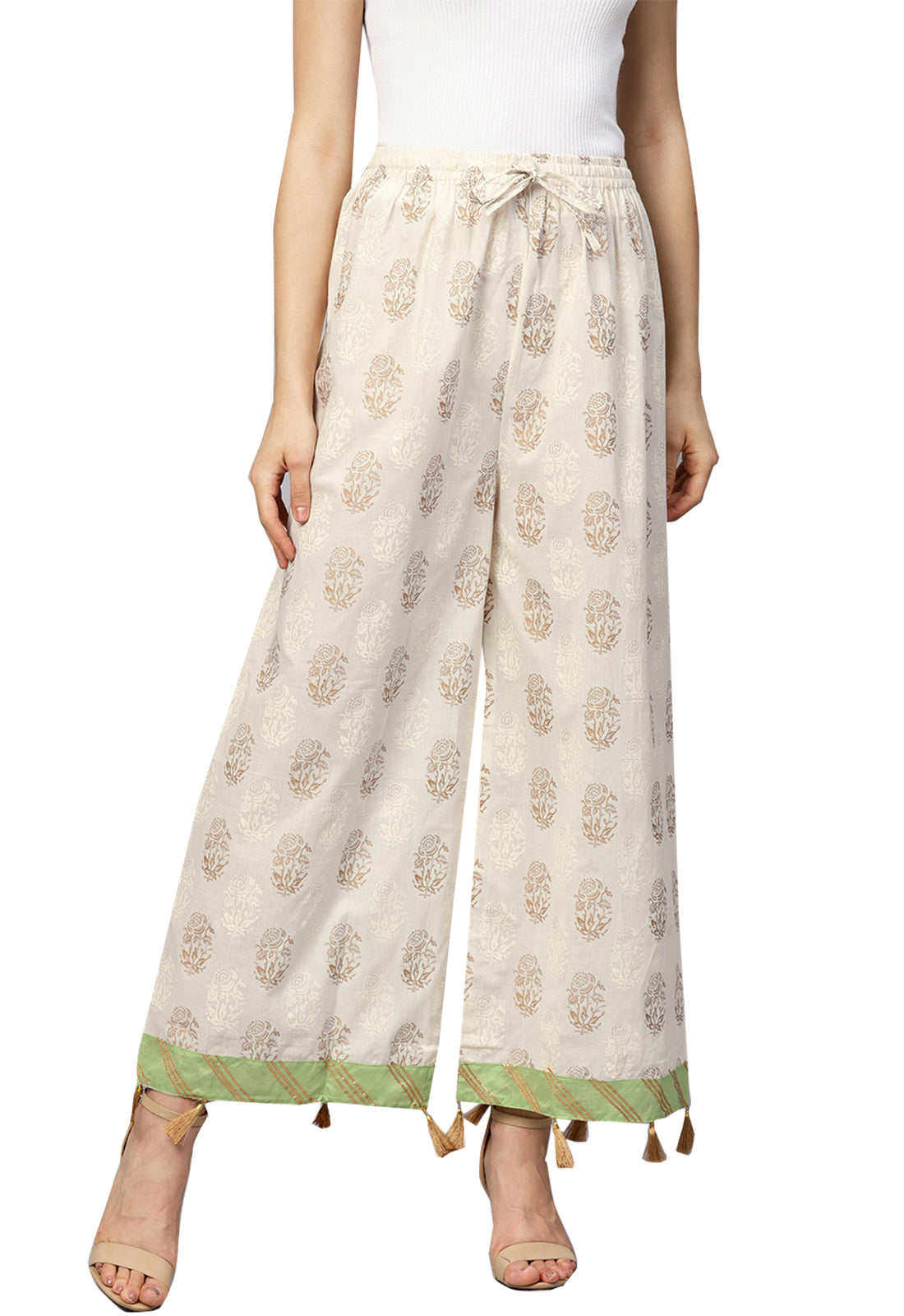 Ishin Women's Cotton Off White Printed Palazzo With Tassels