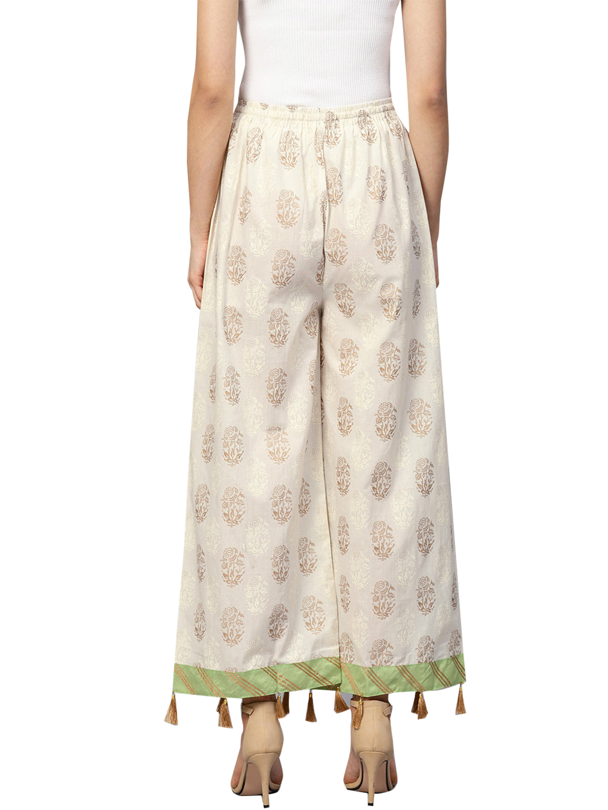 Ishin Women's Cotton Off White Printed Palazzo With Tassels