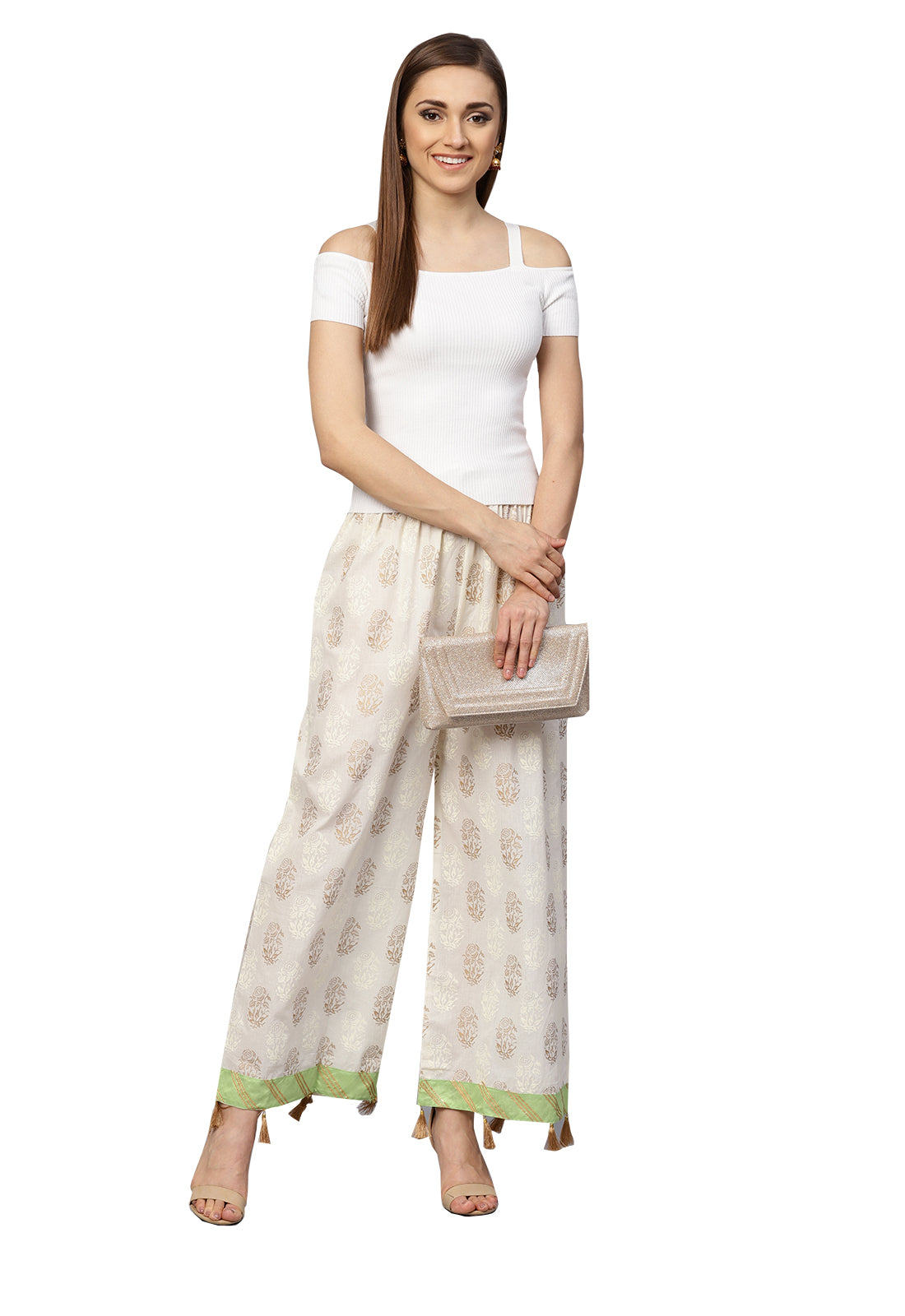 Ishin Women's Cotton Off White Printed Palazzo With Tassels