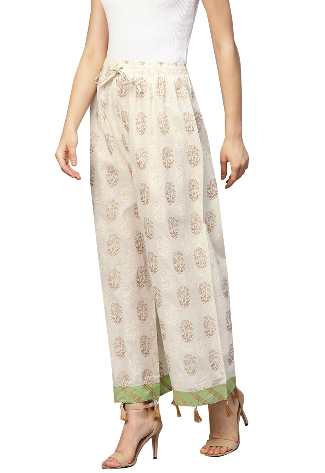 Ishin Women's Cotton Off White Printed Palazzo With Tassels