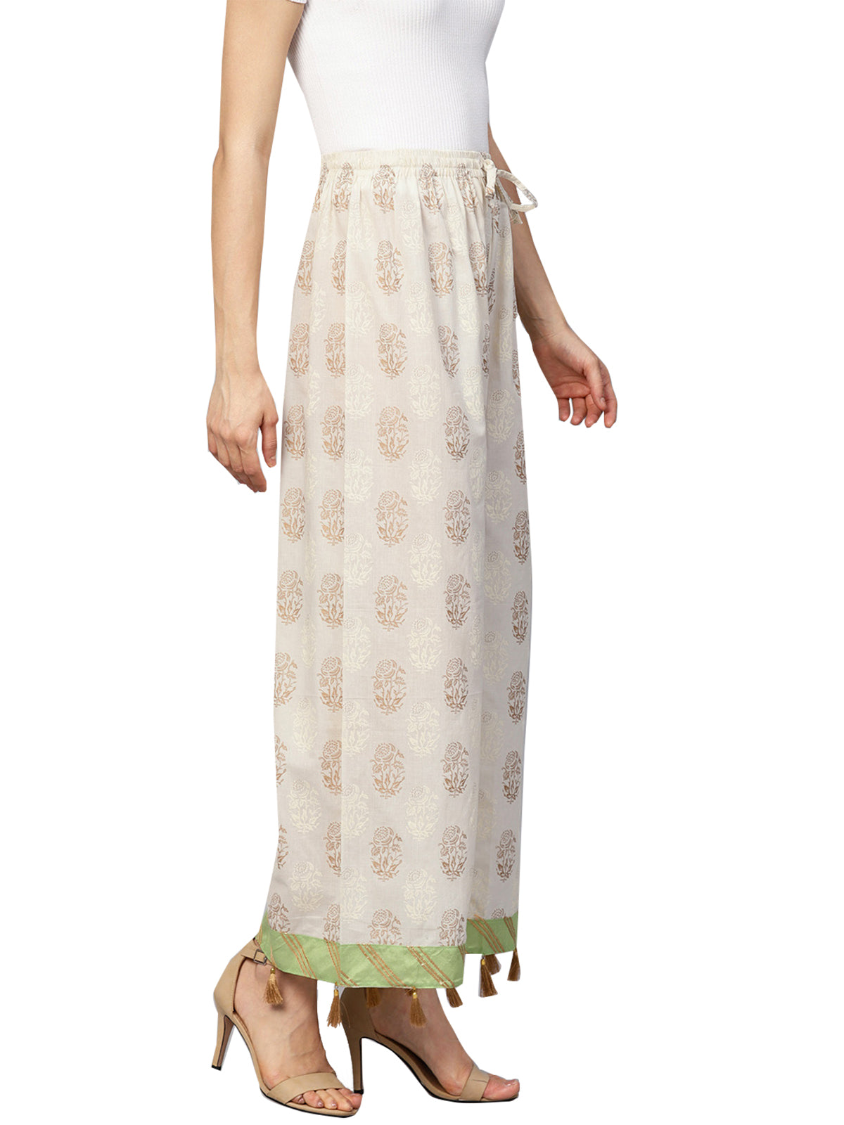 Ishin Women's Cotton Off White Printed Palazzo With Tassels