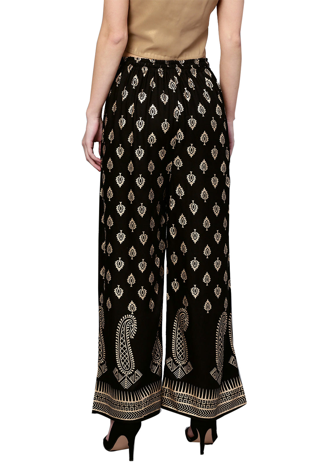 Ishin Women's Rayon Black Foil Printed Palazzo