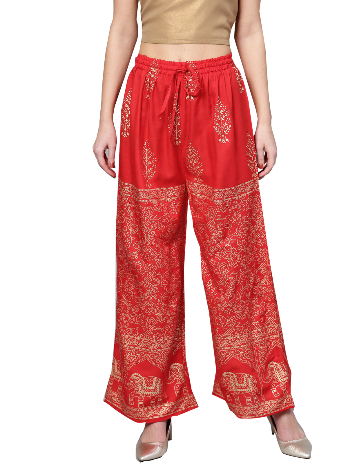 Ishin Women's Rayon Red Foil Printed Palazzo