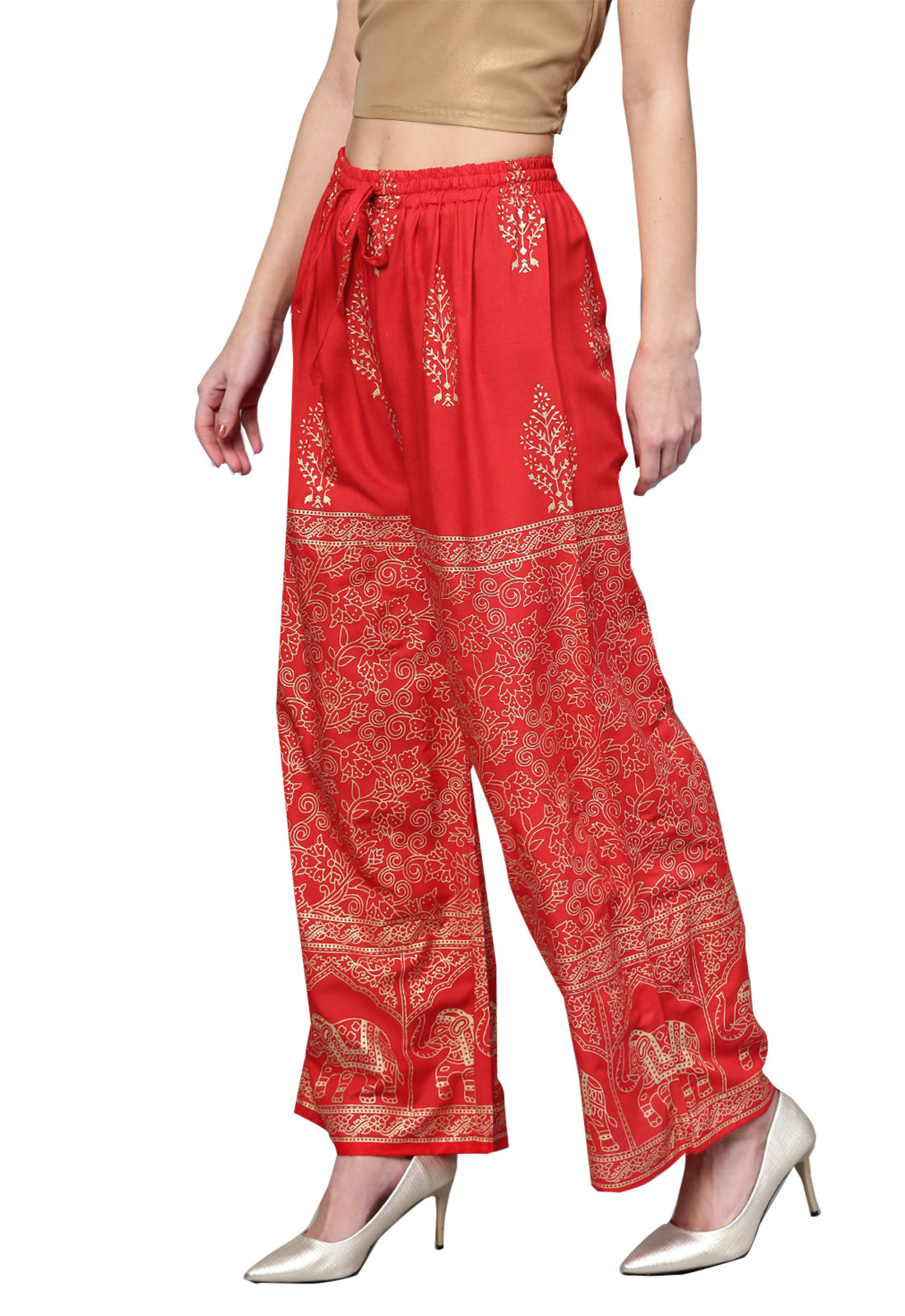 Ishin Women's Rayon Red Foil Printed Palazzo